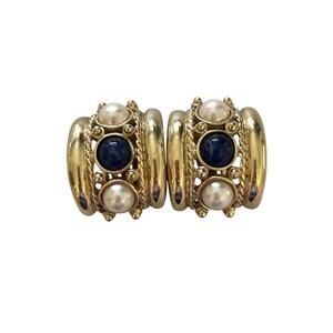 Joan Rivers Earrings Faux Pearls Sapphire Gold Tone Chunky Clip On Vintage